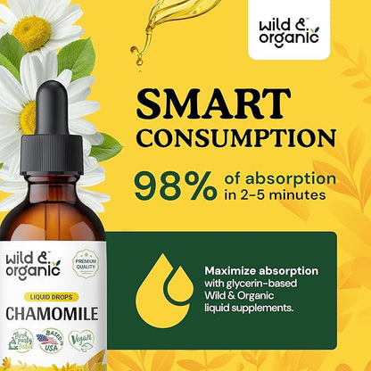 Wild & Organic Chamomile Tincture - Relaxing & Calming Chamomile Supplement - Liquid Flower Extract Drops - Vegan, Sugar & Alcohol-Free - 2 fl oz