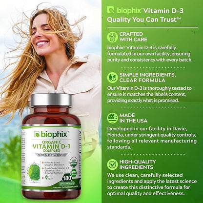 biophix Organic Vitamin D-3 Complex 10000 IU 180 Vcaps with Turmeric - High-Potency Supports Strong Bones Immune Health