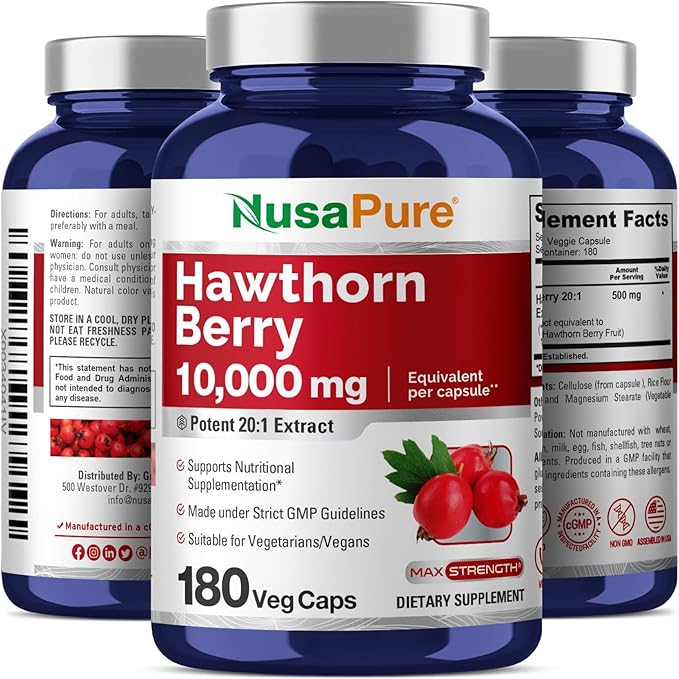 NusaPure Hawthorn Berry 10,000mg per Veggie Caps, 180 Count, Extract 20:1, Vegan, Non-GMO