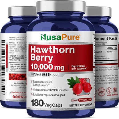 NusaPure Hawthorn Berry 10,000mg per Veggie Caps, 180 Count, Extract 20:1, Vegan, Non-GMO