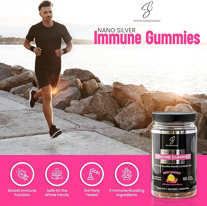 Immune Gummies - Sambucus Elderberry - Vitamin C & D - Zinc - Save Your Sick Days - Kids & Adults - Safe Ages 4 & Up - Nano Colloidal Silver - Gluten & Gelatin Free Non-GMO - Berry Lemonade - 60 Count