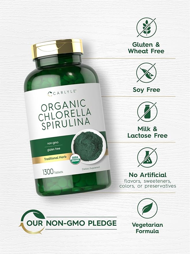 Carlyle Organic Chlorella Spirulina Tablets | 1300 Count | 50/50 Blend | Non-GMO and Gluten Free Supplement
