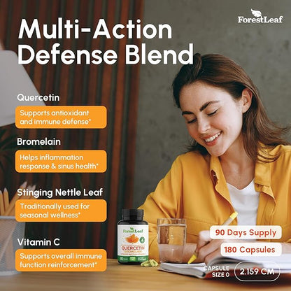 ForestLeaf Quercetin with Bromelain - 1350mg Blend with Vitamin C & Stinging Nettle, Advanced Quercetin 500mg Supplement, Non-GMO Gluten Free, Natural Immune & Respiratory Function 180 Veggie Capsules
