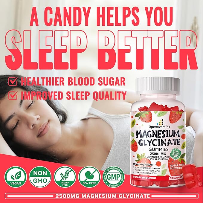 Magnesium Glycinate Gummies 2500mg - Sugar Free Magnesium Potassium Supplement with Vitamin D, B6, CoQ10 for Calm Mood & Sleep Support - 90 Strawberry Gummies