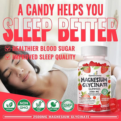 Magnesium Glycinate Gummies 2500mg - Sugar Free Magnesium Potassium Supplement with Vitamin D, B6, CoQ10 for Calm Mood & Sleep Support - 90 Strawberry Gummies