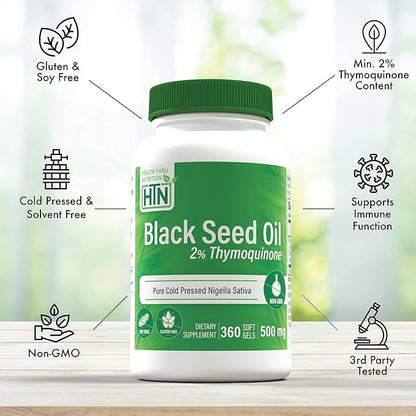 Health Thru Nutrition Black Seed Oil 500mg (Pack of 3X 360 Softgels) | High Potency 2% Thymoquinone | 3rd Party Tested | Pure Cold Pressed | Organically Gown | Non-GMO, Gluten Free, Soy Free