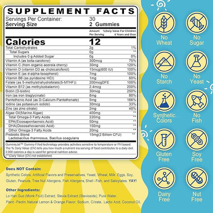 Sugar Free Kids Multivitamin Gummies with Iron, Probiotics, Vegan Omega 3 (EPA/DHA), Kids Daily Vitamins A, C, D, B Complex, Zinc for Healthy Growth, Immune, Brain, Bone, Orange Flavor, 120 Counts
