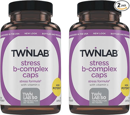 Twinlab Stress B-Complex Caps - Complete B-Complex & 1000 mg Vitamin C - Energy Support Supplement with Vitamin B12 and B6-100 Capsules (Pack of 2)