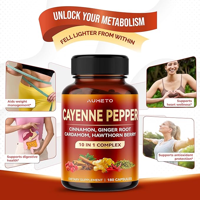 Cayenne Pepper Capsules - Ultra Complex with Cinnamon, Ginger, Cardamom, Hawthorn Berry - Support Digestion, Circulation & Overall Wellness (180 Count (Pack of 1))