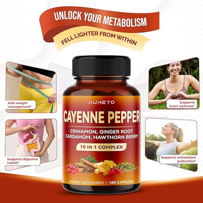Cayenne Pepper Capsules - Ultra Complex with Cinnamon, Ginger, Cardamom, Hawthorn Berry - Support Digestion, Circulation & Overall Wellness (180 Count (Pack of 1))