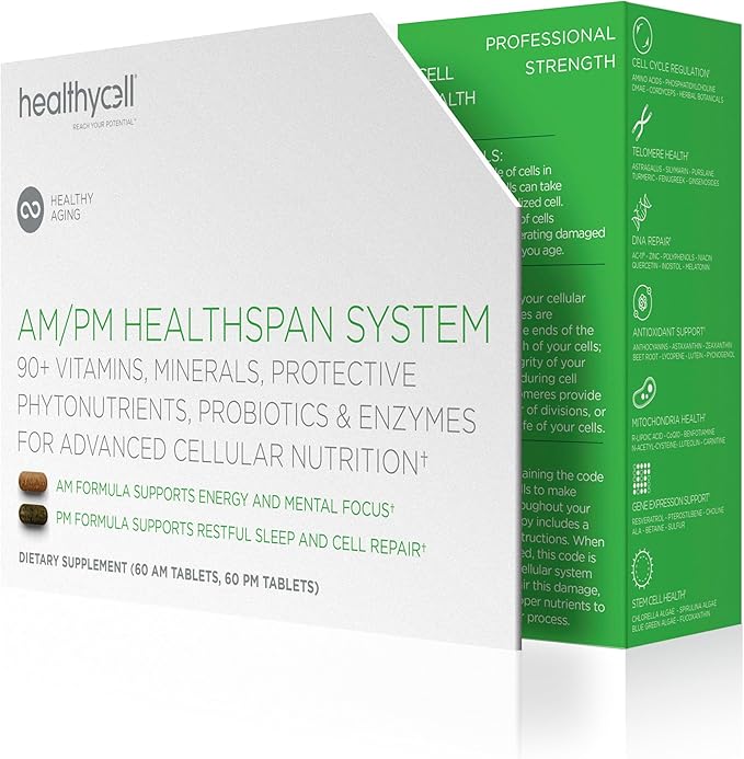 Healthycell AM PM Healthspan System - Full Body Healthy Aging Supplement with Protective Phytonutrients, Probiotics and Enzymes - Advanced Cellular Nutrition - 30 Servings