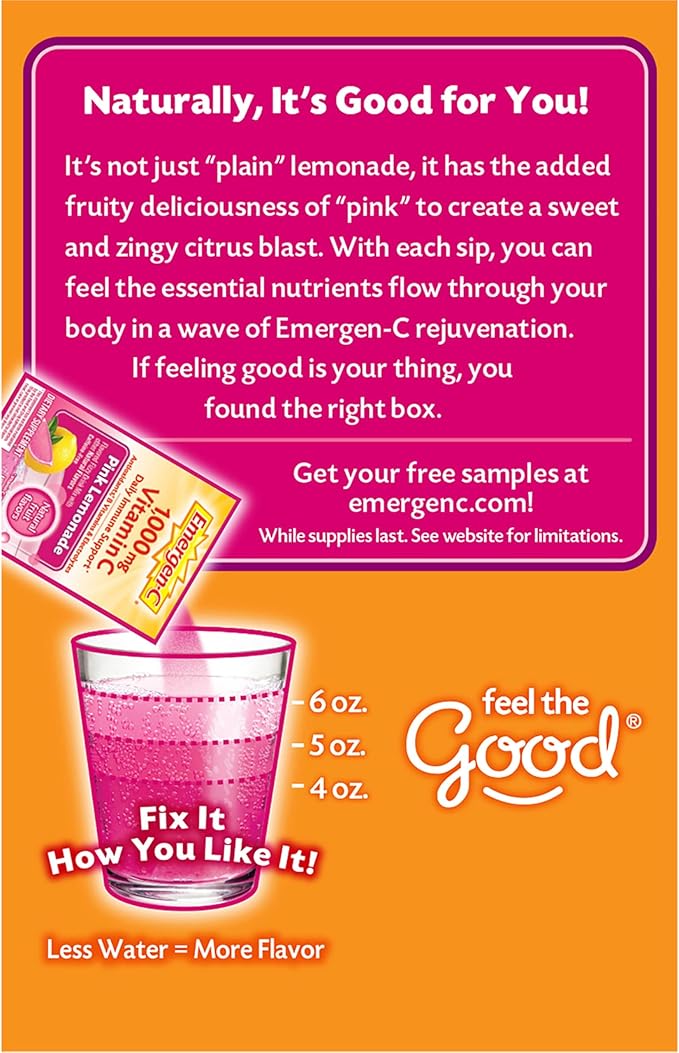 Emergen-C 1000mg Vitamin C Powder, with Antioxidants, B Vitamins and Electrolytes, Immunity Supplements for Immune Support, Caffeine Free Fizzy Drink Mix, Pink Lemonade Flavor - 30 Count