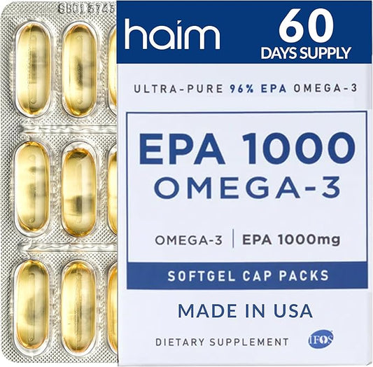 Haim EPA1000 – High-Potency EPA Fish Oil Supplement – 1,100mg Omega-3 for Heart, Brain & Joint Health – Pharmaceutical-Grade Softgels – Pure, Burpless Capsules – 60 Softgels – Made in USA
