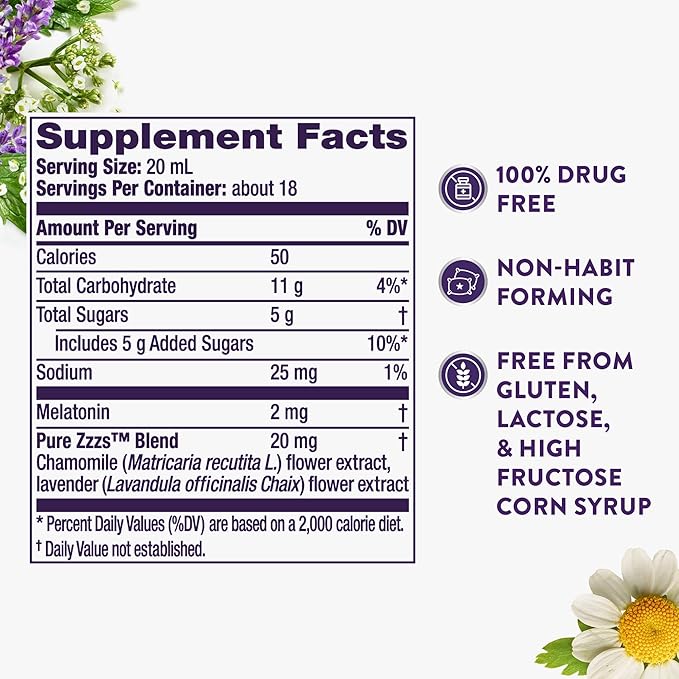 ZzzQuil Pure Zzzs Melatonin Liquid, Sleep Aid, Liquid Melatonin 2mg, with Chamomile & Lavender, Fall Asleep Fast, Melatonin Sleep Aids for Adults, Berry Flavored, 2 Pack, 24 FL OZ
