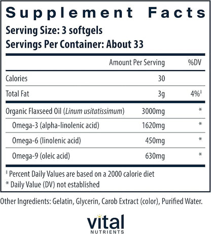 Vital Nutrients Flax Seed Oil 3000mg | Cold Pressed Flax Oil with high Concentration of ALA for Heart Health* | Gluten, Dairy and Soy Free | Non-GMO | 100 Softgels
