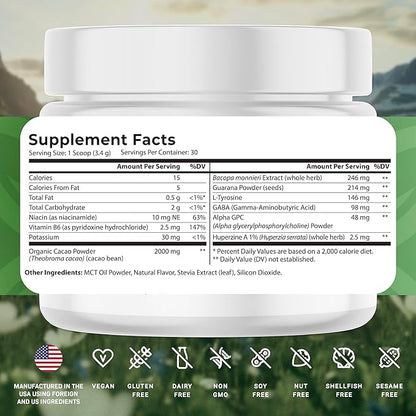 CogniCharge Brain Supplements for Memory, Focus & Clarity - with Bacopa Monnieri Extract, Guarana Powder, Niacin, L-Tyrosine, Alpha GPC, GABA & More - 3.63 Oz - 30 Servings - Cocoa Mist Flavor