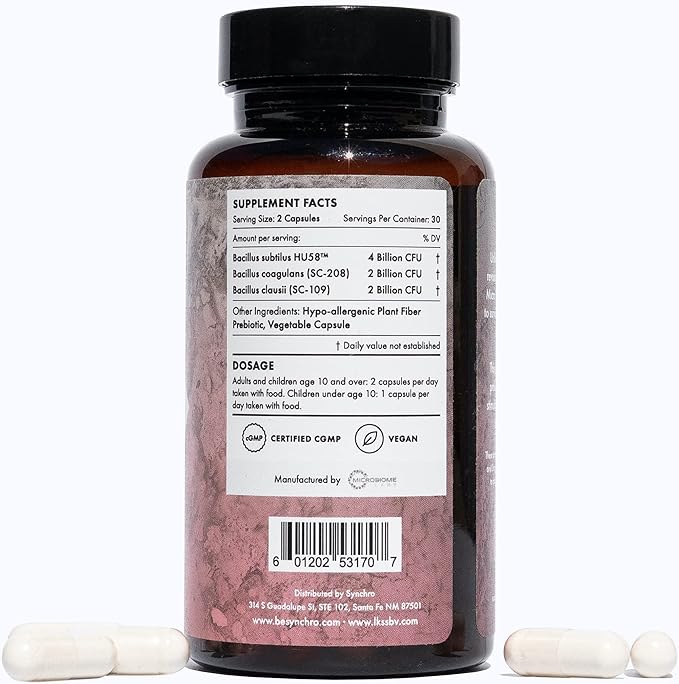 Synchro Micro•Bios - Medical-Grade Spore-Form Probiotic - Bacillus Subtilus (HU58), Coagulans and Clausii - Powerful Immune Health + GI Support - 60 Capsules