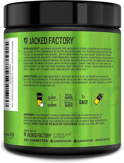 Jacked Factory NITROSURGE Pre Workout Supplement - for Energy, Instant Strength Gains, Clear Focus, Intense Pumps - Nitric Oxide Booster & Preworkout Powder with Beta Alanine - 30 Servings, Pineapple