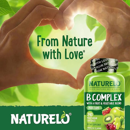NATURELO Vitamin B Complex with Methyl B12, Methyl Folate, Vitamin B6, Biotin Plus Choline, CoQ10, and Fruit & Vegetable Blend - Supports Energy & Healthy Stress Response - Vegan - 240 Capsules