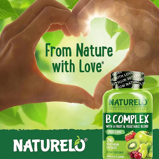 NATURELO Vitamin B Complex with Methyl B12, Methyl Folate, Vitamin B6, Biotin Plus Choline, CoQ10, and Fruit & Vegetable Blend - Supports Energy & Healthy Stress Response - Vegan - 240 Capsules
