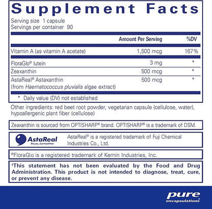 Pure Encapsulations Vitamin A + Carotenoids (Lutein, Zeaxanthin, and Astaxanthin) | Hypoallergenic Dietary Supplement | 90 Capsules