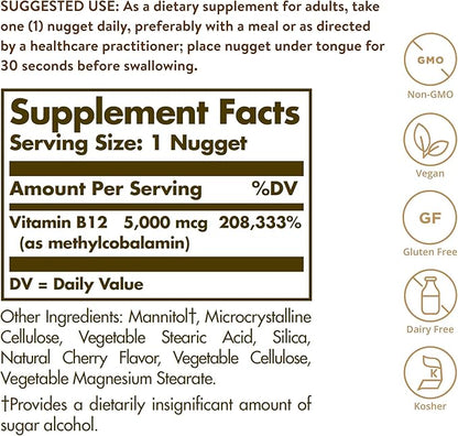 Solgar Methylcobalamin (Vitamin B12) 5000 mcg - Supports Energy Metabolism - Body-Ready, Active Form of B12 - Vitamin B - Non GMO, Vegan, Gluten, Dairy Free, Kosher - Cherry, 60 Count