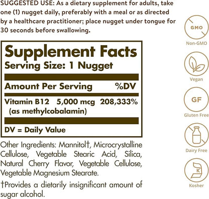 Solgar Methylcobalamin (Vitamin B12) 5000 mcg - Supports Energy Metabolism - Body-Ready, Active Form of B12 - Vitamin B - Non GMO, Vegan, Gluten, Dairy Free, Kosher - Cherry, 60 Count