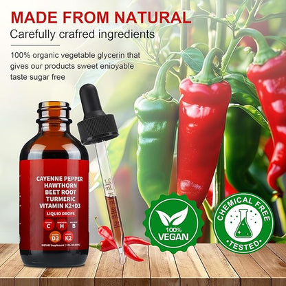Cayenne Pepper Drops, Cayenne Pepper Hawthorn Beet Root Turmeric Curcumin, Vitamin K2 & D3, Cayenne Health Supplements, Gentle Formula, Vegan-Friendly, Easily Absorbed - 60ml