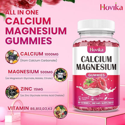 Calcium Magnesium Zinc Gummies, Calcium Magnesium 2:1 Ratio with Vitamin D3, K2, B6, B12 for Bone Strength, Muscle Function & Nerve Health, Extra Absorption Formula, Vegan, Raspberry Flavor 60 Gummies