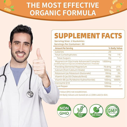 Magnesium Glycinate Gummies 1000mg - Sugar Free Magnesium Potassium Supplement with Vitamin D, B6, CoQ10 for Calm Mood & Sleep Support - 120 Orange Gummies -2 Pack