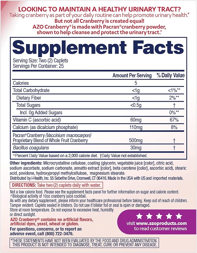 AZO Cranberry Urinary Tract Health Supplement, 1 Serving : 1 Glass of Cranberry Juice, Sugar Free Cranberry Pills, 50 Count (Pack of 2)