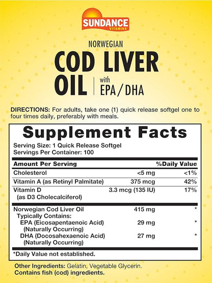 Sundance Norwegian Cod Liver Oil | 100 Softgels | with EPA and DHA | Good Source of Vitamins A & D | Non-GMO and Gluten Free Supplement