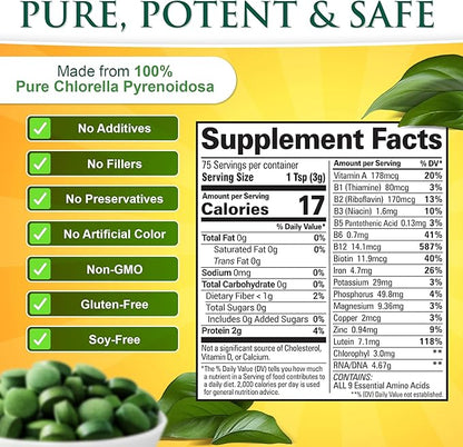 Sunlit Best USDA Organic Premium Chlorella Tablets 1000 Count | 100% Pure Chlorella Superfood Supplement High in Protein, Chlorophyll, Vitamins, & Minerals | Supports Good Health, Wellbeing