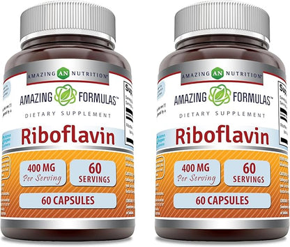 Amazing Formulas Riboflavin 400 mg Capsules | Vitamin B2 Supplement | Non-GMO | Gluten Free | Made in USA (2 Pack | 60 Count)