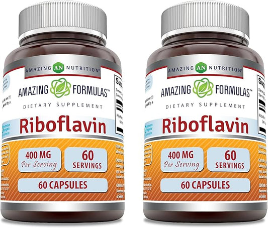 Amazing Formulas Riboflavin 400 mg Capsules | Vitamin B2 Supplement | Non-GMO | Gluten Free | Made in USA (2 Pack | 60 Count)