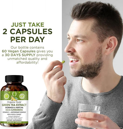 Organic Veda Green Tea Extract ECGC Capsules - Antioxidants Rich Matcha, Green Coffee Bean, Turmeric, Moringa, Vitamin C - Energy, Metabolism, Brain, Immune & Heart Health Supplement - 60 Pills