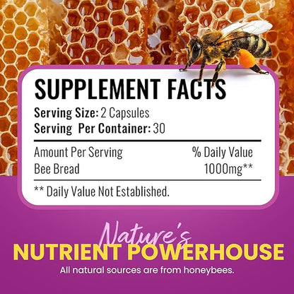 Bee Bread Capsules – Nutrient-Rich Superfood for Energy Boost, Immune Support Supplement | Non-GMO, Gluten-Free, 60 Easy-to-Swallow Veggie Capsules