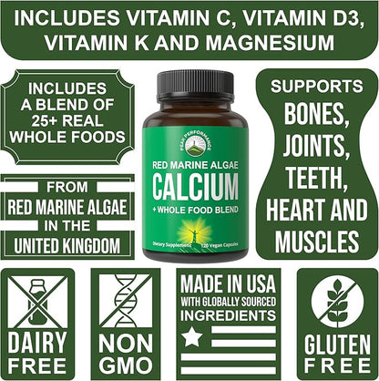 Plant Based Calcium - Red Marine Algae Calcium Supplement with Vitamin C, D3, K, Magnesium, and Whole Food Vegetable Blend. Vegan Capsules for Bones and Joints. 120 Pills, Tablets