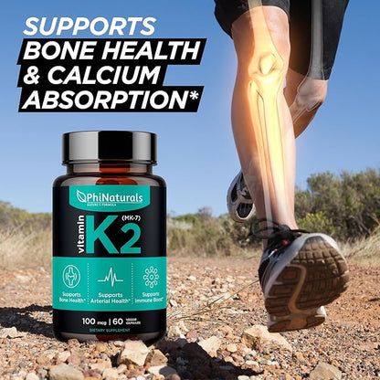 PhiNaturals Vitamin K2 Mk7 100 mcg Vegan 60 Capsules Bone Health Heart Cardiovascular Arteries - VIT k-2 MK-7 100mcg Supplement from Natto