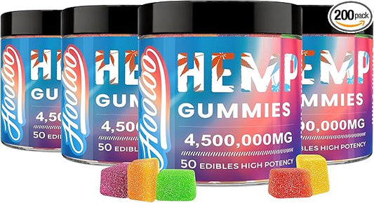 Hemp Gummies Extra Strength for Adults - 6 Fruity Flavors Infused Vitamins, Omega 3 - Chewable Gummy for Deep Bedtimes, Focus, Unwind - Pack of 4 - Made in USA