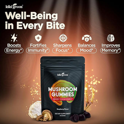 KIKI Green Mushroom Gummies with Lion's Mane and 9 Adaptogen Superfoods Blend - Chaga, Red Reishi, Cordyceps, Shiitake, Black Fungus | 60 Count, 10:1 Extract