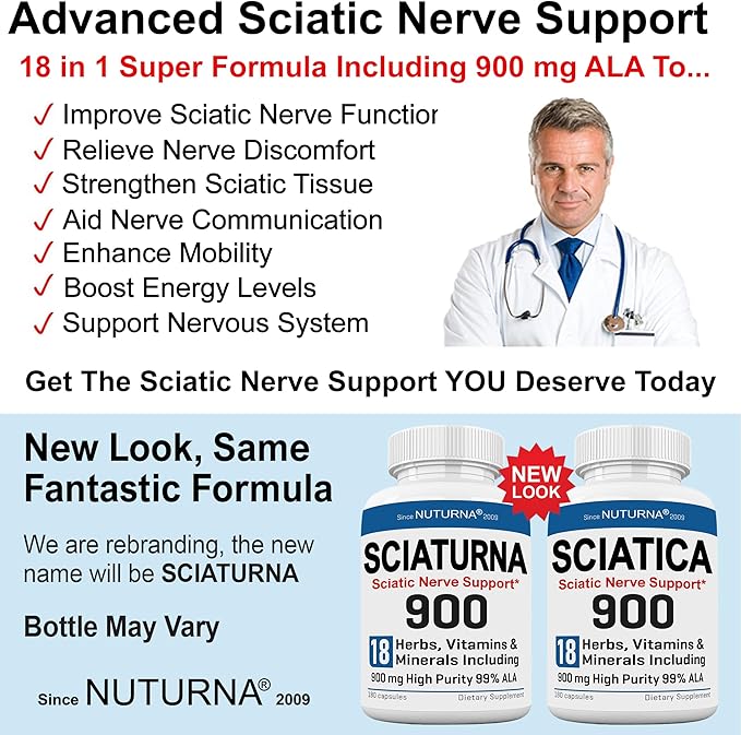 Sciatica Supplement with 900 mg Alpha Lipoic Acid - Maximum Strength Sciatic Nerve Support for Lower Back Legs Feet Hands - 18-in-1 Natural Nerve Vitamins - Made in USA - 180 Capsules
