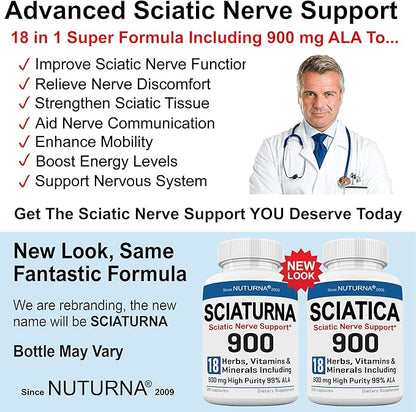Sciatica Supplement with 900 mg Alpha Lipoic Acid - Maximum Strength Sciatic Nerve Support for Lower Back Legs Feet Hands - 18-in-1 Natural Nerve Vitamins - Made in USA - 180 Capsules