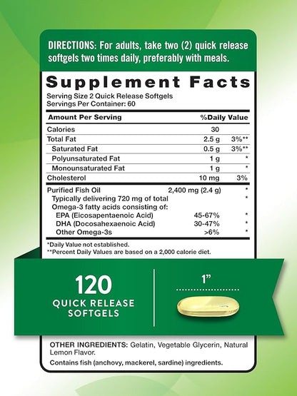 Nature's Truth Fish Oil 2400mg | 120 Quick Release Softgels | 720 mg Omega 3 | Burpless Lemon Flavor Pills | Non-GMO & Gluten Free Supplement
