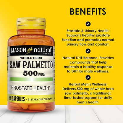 MASON NATURAL Saw Palmetto 500 mg, Supports Prostate Health & Urinary Function, 60 Capsules, Pack of 3