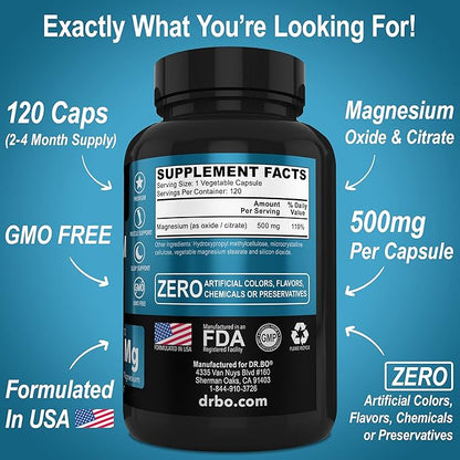 Magnesium Complex Supplement Capsules 500mg - Support Energy, Relaxation, Leg Cramps & Legs - Help Aid Muscle Support Supplements - High Absorption Premium Mag Citrate Oxide - 120 Capsules