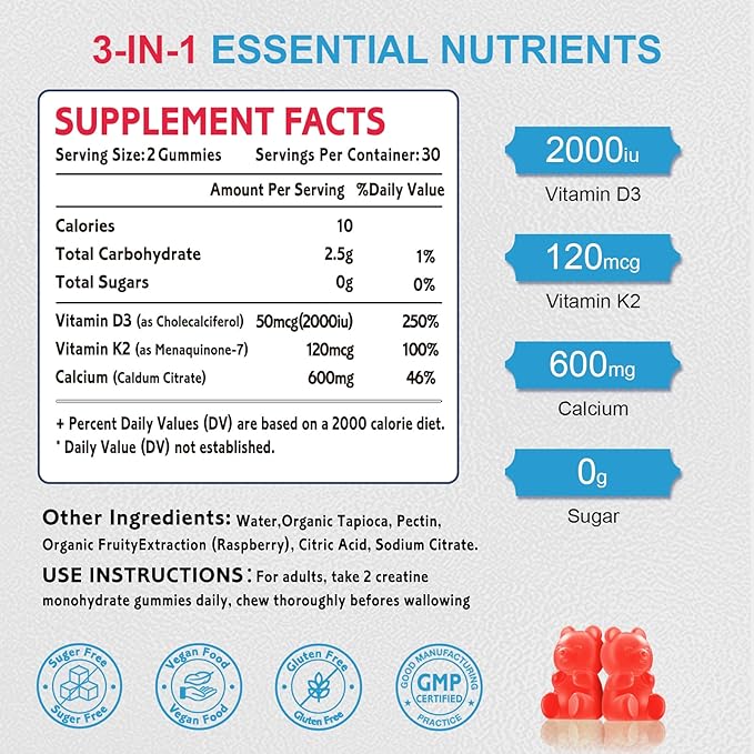Sugar-Free Vitamin D3 K2 Gummies, Vitamin D3 2000 IU, K2 (MK7) 120mcg, Calcium 600 mg with Vitamin D3, Support B0ne & Immune Health, Vegan, Gluten Free, Raspberry Flavor, 60 Count