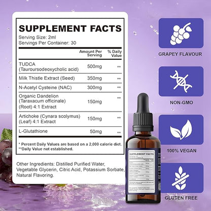 Liver Support Liquid Drops Supplement | TUDCA Drops Liver Clease & Detox with Milk Thistle, NAC, Dandelion, Artichoke & Glutathione for Detox, Bile Flow, and Digestive Health | Vegan & Non-GMO | 60ML