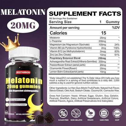 Melatonin Gummies 20mg for Women Men: Sugar Free Chewable Supplement with Zinc L-Theanine Ashwagandha Magnesium Lemon Balm and Chamomile - Maximum Strength for Adults Natural Berry Flavor(120count)