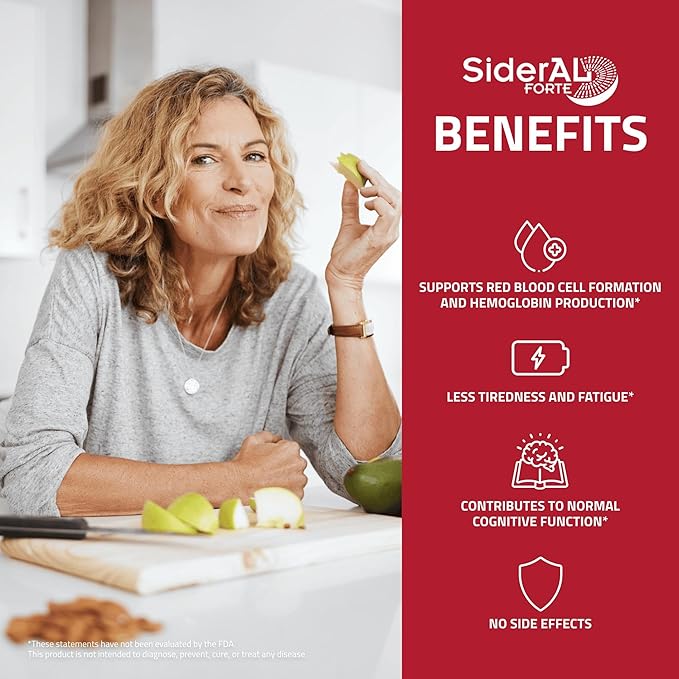 SiderAL Forte Iron Supplement and Vitamin C for Women and Men - Premium Supplement for Deficiency and Anemia Support - High Absorption - Gentle on The Stomach - Non-Constipating - 180 Caps